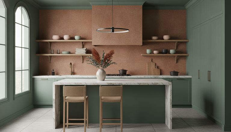 Cuisine 2026 : tendances, matériaux et budget au m² : Couleurs tendance cuisine 2026 : du vert profond au terracotta